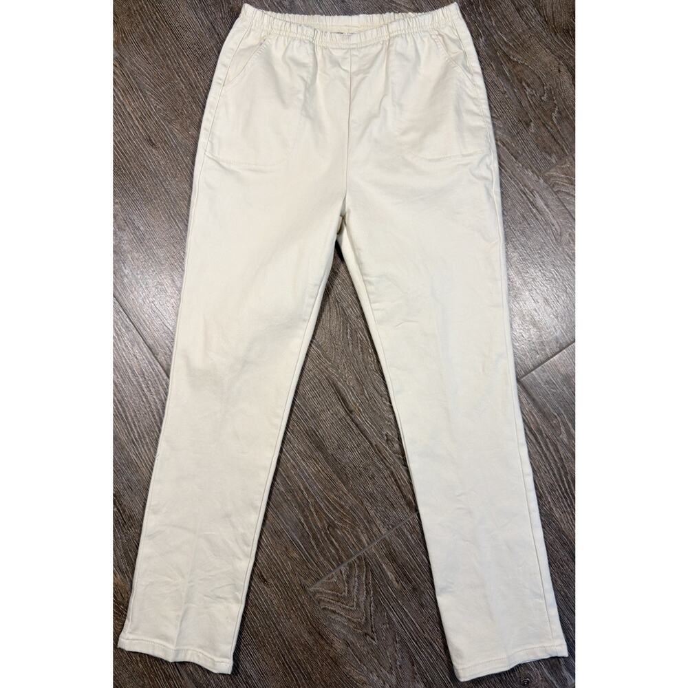 Blair Womens Elastic Waist Ivory Pull On Pants Size 12 Pockets Comfort Stretch